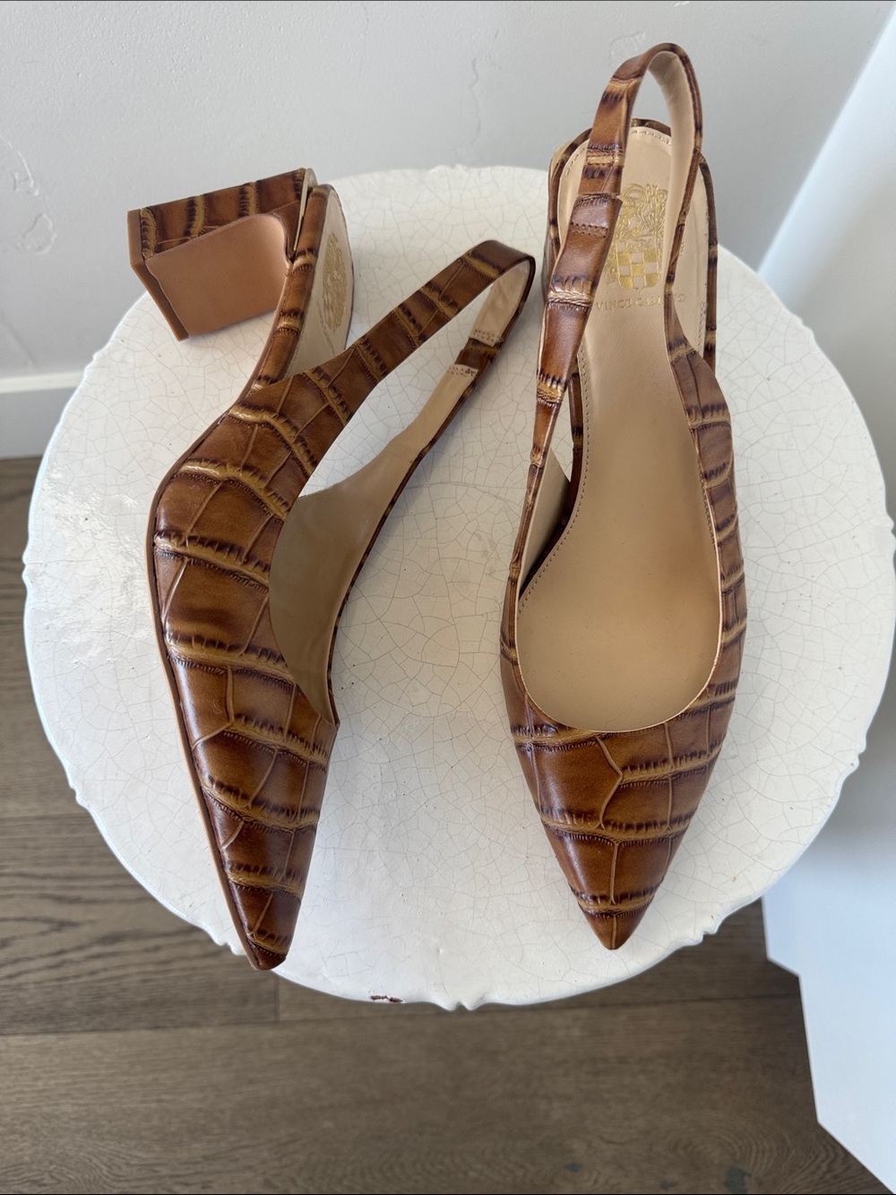 Vince Camuto HAMDEN Brown Leather Croc Embossed Pointed Toe Slingback Pumps 11